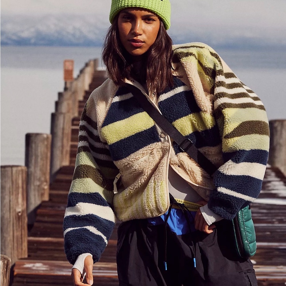 Free People New Hit The Slopes Fleece Jacket in Fieldling Stripe Combo